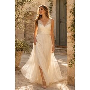 BHLDN Hitherto FLEUR Women 4 Ivory Tulle Lace Maxi Dress ANTHROPOLOGIE